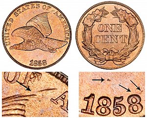 <b>1858 Flying Eagle Cent Penny: 8 Over 7