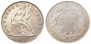 <b>1859 Seated Liberty Dime: Transitional Pattern: Obverse of 1859 - Reverse of 1860