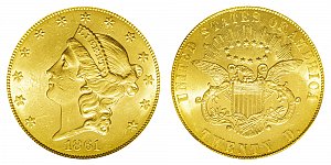 <b>1861 Coronet Head Gold $20 Double Eagle: Paquet Reverse