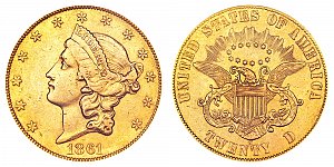 <b>1861-S Coronet Head Gold $20 Double Eagle: Paquet Reverse