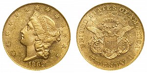 <b>1862 Coronet Head Gold $20 Double Eagle