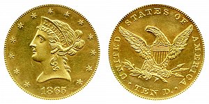 <b>1865 Coronet Head Gold $10 Eagle