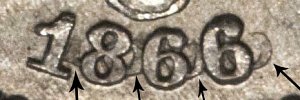 <b>1866 Shield Nickel: Repunched Date