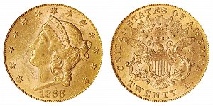 <b>1866 Coronet Head Gold $20 Double Eagle