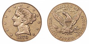 <b>1870-CC Coronet Head Gold $5 Half Eagle