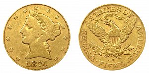 <b>1874-CC Coronet Head Gold $5 Half Eagle