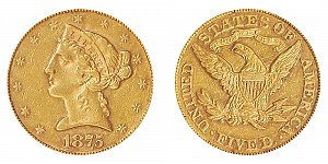 <b>1875 Coronet Head Gold $5 Half Eagle