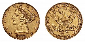<b>1881-CC Coronet Head Gold $5 Half Eagle