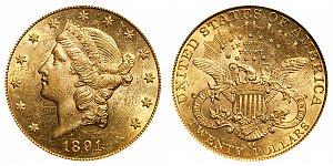 <b>1891-CC Coronet Head Gold $20 Double Eagle