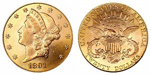 <b>1891 Coronet Head Gold $20 Double Eagle