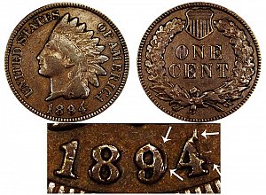 <b>1894 Indian Head Cent Penny: Double Date