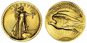 <b>1907 Saint Gaudens Gold $20 Double Eagle: High Relief - Roman Numerals MCMVII - Plain Edge