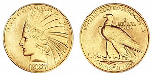 <b>1907 Indian Head Gold $10 Eagle: Rounded Rim - With Periods
