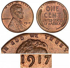 <b>1917 Lincoln Wheat Cent Penny: Doubled Die Obverse