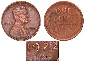 <b>1922-D Lincoln Wheat Cent Penny: Weak D