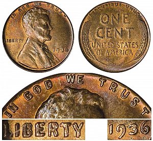 <b>1936 Lincoln Wheat Cent Penny: Doubled Die Obverse
