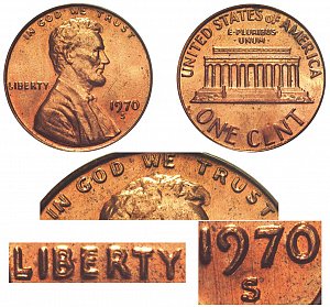 <b>1970-S Lincoln Memorial Cent Penny: Doubled Die Obverse