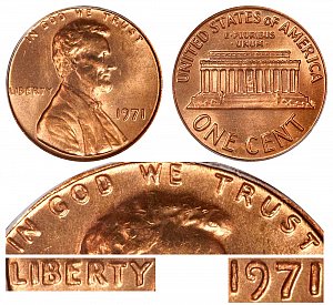 <b>1971 Lincoln Memorial Cent Penny: Doubled Die Obverse