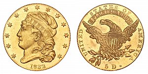 <b>1832 Capped Bust Gold $5 Half Eagle: Square Base 2 - 13 Stars