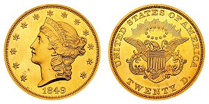 <b>1849 Coronet Head Gold $20 Double Eagle: Unique - Smithsonian Collection