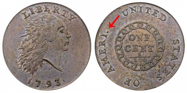 1793 Flowing Hair Large Cent Penny - Chain Reverse - Ameri. In Legend