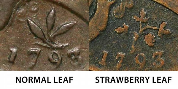 1793 Strawberry Leaf vs Normal Leaf Flowing Hair Large Cent - Difference and Comparison