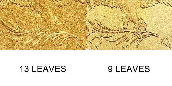 1795 13 Leaves vs 9 Leaves - $10 Turban Head Gold Eagle - Difference and Comparison