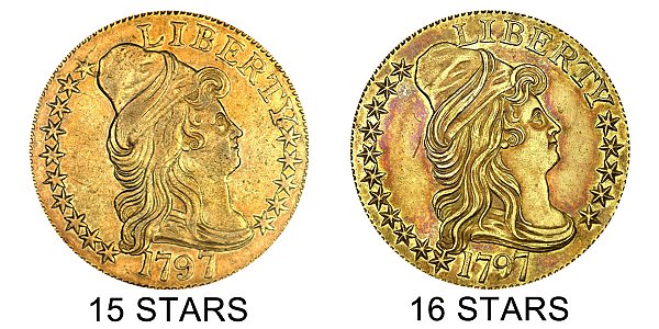 1797 15 Stars vs 16 Stars - Large Eagle - $5 Turban Head Gold Half Eagle - Difference and Comparison