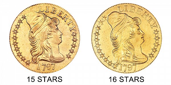 1797 15 Stars vs 16 Stars - Small Eagle - $5 Turban Head Gold Half Eagle - Difference and Comparison