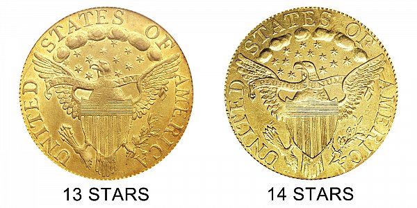 1798 13 Stars vs 14 Stars - $5 Turban Head Gold Half Eagle - Difference and Comparison