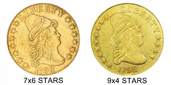 1798/7 9x4 Stars vs 7x6 Stars - $10 Turban Head Gold Eagle - Difference and Comparison