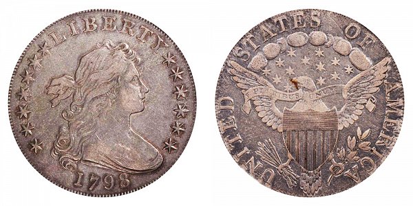 1798 Draped Bust Silver Dollar - Pointed 9 - 5 Vertical Lines/Stripes 