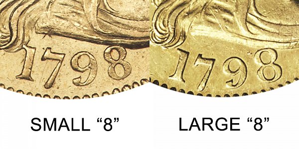 1798 Small 8 vs Large 8 - $5 Turban Head Gold Half Eagle - Difference and Comparison