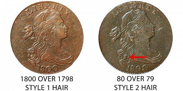 1800 Draped Bust Large Cent Penny Varieties - Style 1 Hair vs Style 2 Hair 