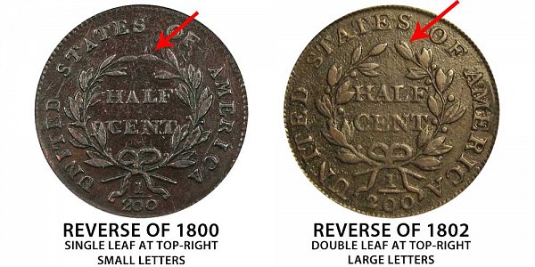 Reverse of 1800 vs Reverse of 1802 Draped Bust Half Cent - Difference and Comparison