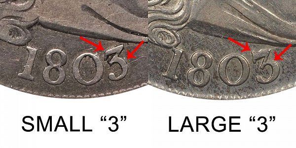 1803 Small 3 vs Large 3 Draped Bust Half Dollar Varieties - Difference and Comparison 