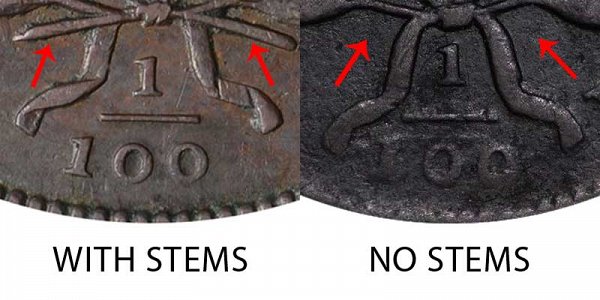 1803 Draped Bust Large Cent - With Stems vs Stemless Wreath - Difference and Comparison
