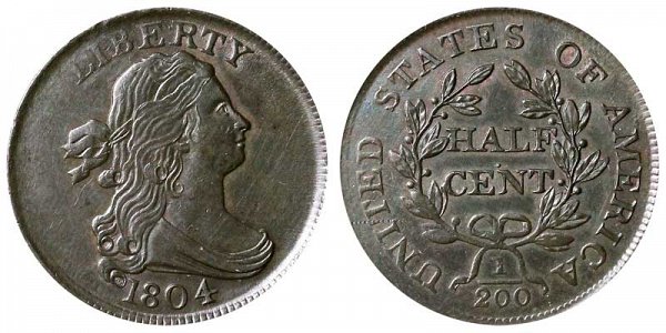 1804 Draped Bust Half Cent Penny - Plain 4 - No Stems