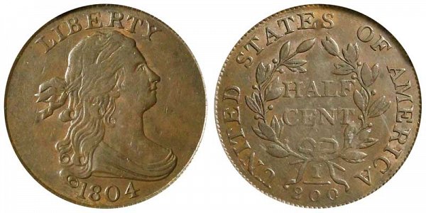 1804 Draped Bust Half Cent Penny - Plain 4 - With Stems 