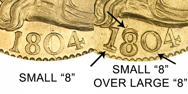 1804 Small 8 Vs Small 8 Over Large 8 - $5 Turban Head Gold Half Eagle - Difference and Comparison