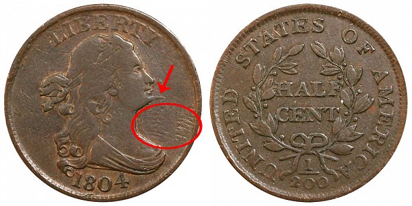 1804 Draped Bust Half Cent Penny - Spiked Chin 