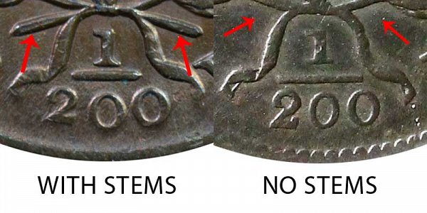 1804 With Stems vs No Stems (Stemless) Draped Bust Half Cent - Difference and Comparison