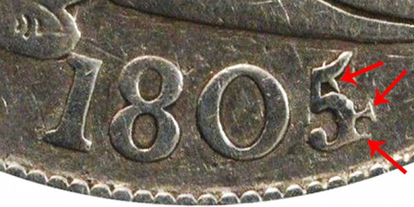 1805/4 Draped Bust Half Dollar - 5 Over 4 Overdate example closeup image