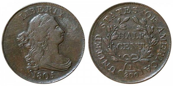 1805 Draped Bust Half Cent Penny - Medium 5 - No Stems (Stemless) 