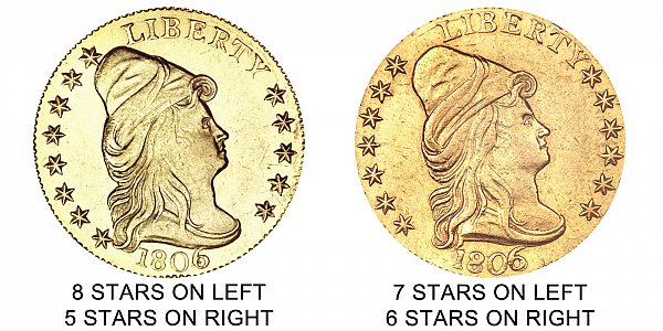 1806 8x5 stars vs 7x6 stars - Turban Head Gold Quarter Eagles