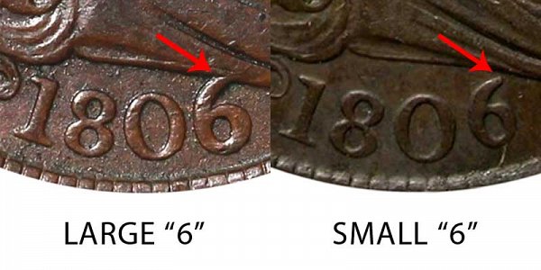 1806 Large 6 vs Small 6 Draped Bust Half Cent - Difference and Comparison