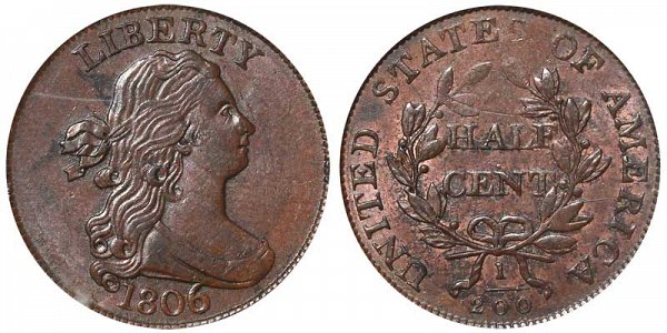 1806 Draped Bust Half Cent Penny - Large - With Stems 