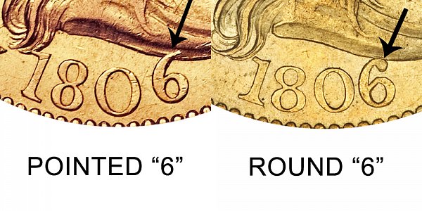1806 Pointed 6 vs Round 6 - $5 Turban Head Gold Half Eagle - Difference and Comparison
