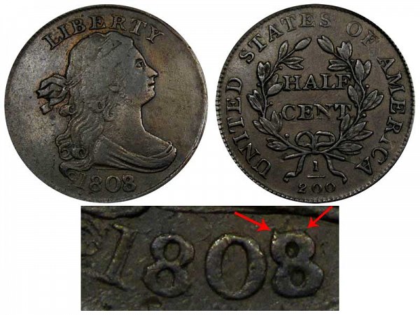1808/7 Draped Bust Half Cent Penny - 8 Over 7 Overdate Error