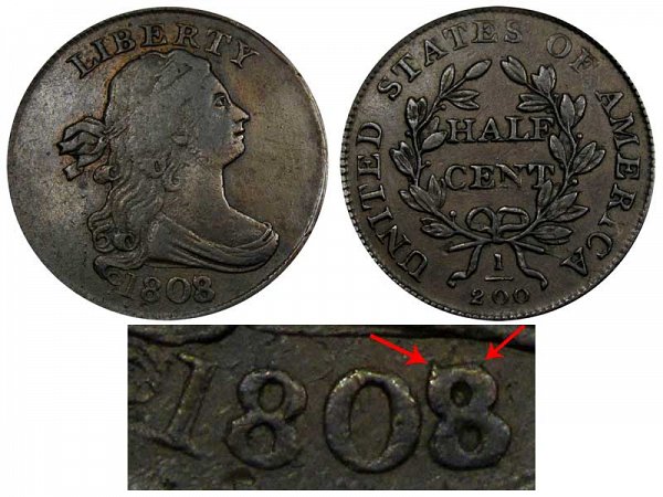 1808/7 Draped Bust Half Cent Penny - 8 Over 7 Overdate Error 